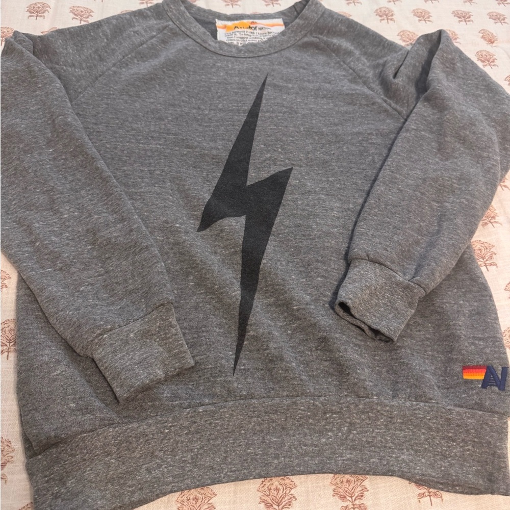 Gray Crewneck Sweater with Black Lightning Bolt